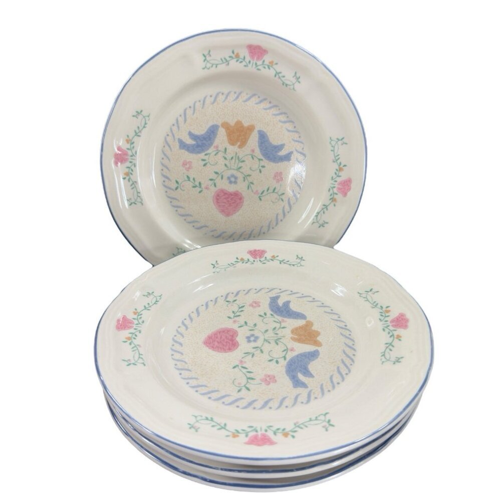 1990s Newcor Stoneware Ceramic Dish Plate Set 4 Plates Dishes Floral Bird Plates